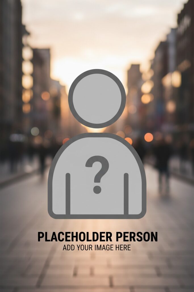Platzhalter für ein Profilbild mit einem grauen Personensymbol und einem Fragezeichen vor einem unscharfen Stadtbild.